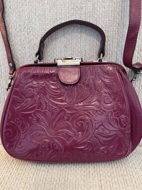 Patricia Nash Gracchi Frame Leather Satchel Crossbody Bag Magenta Strap